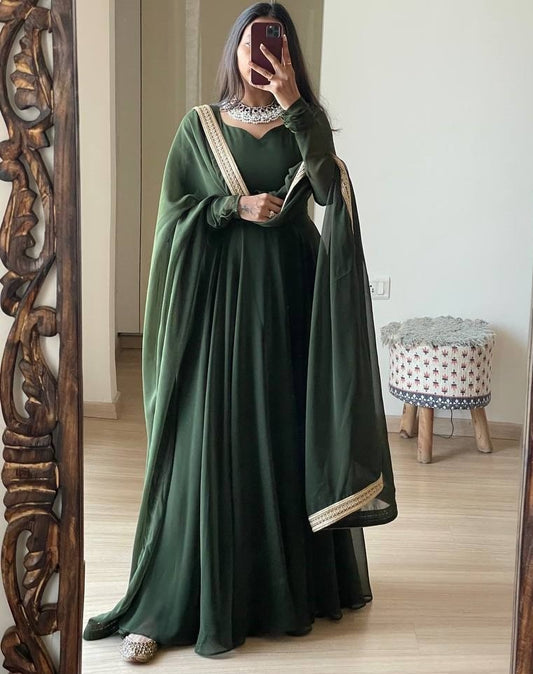 Mehendi green georgette long party wear anarkali ethnic gown