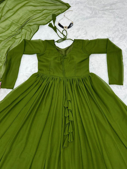 Mehendi green georgette plain long anarkali suit