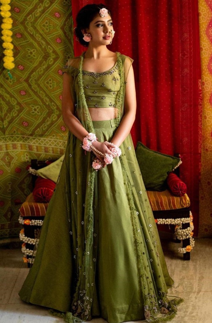 Mehendi green zurich silk sequence and zari work ceremonial lehenga choli with koti
