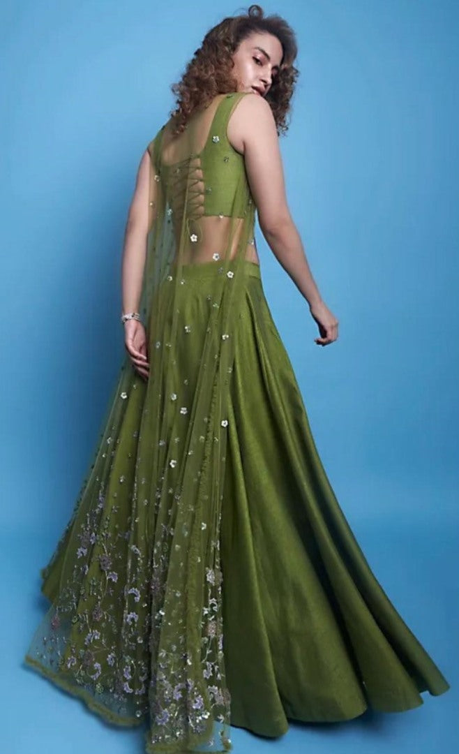 Mehendi green zurich silk sequence and zari work ceremonial lehenga choli with koti