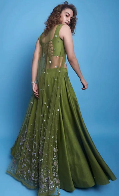 Mehendi green zurich silk sequence and zari work ceremonial lehenga choli with koti