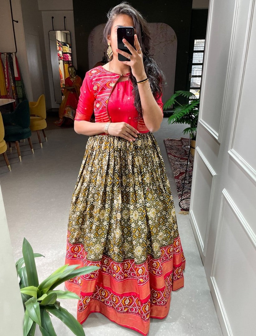 Mehndi green dola silk print and foil work gown