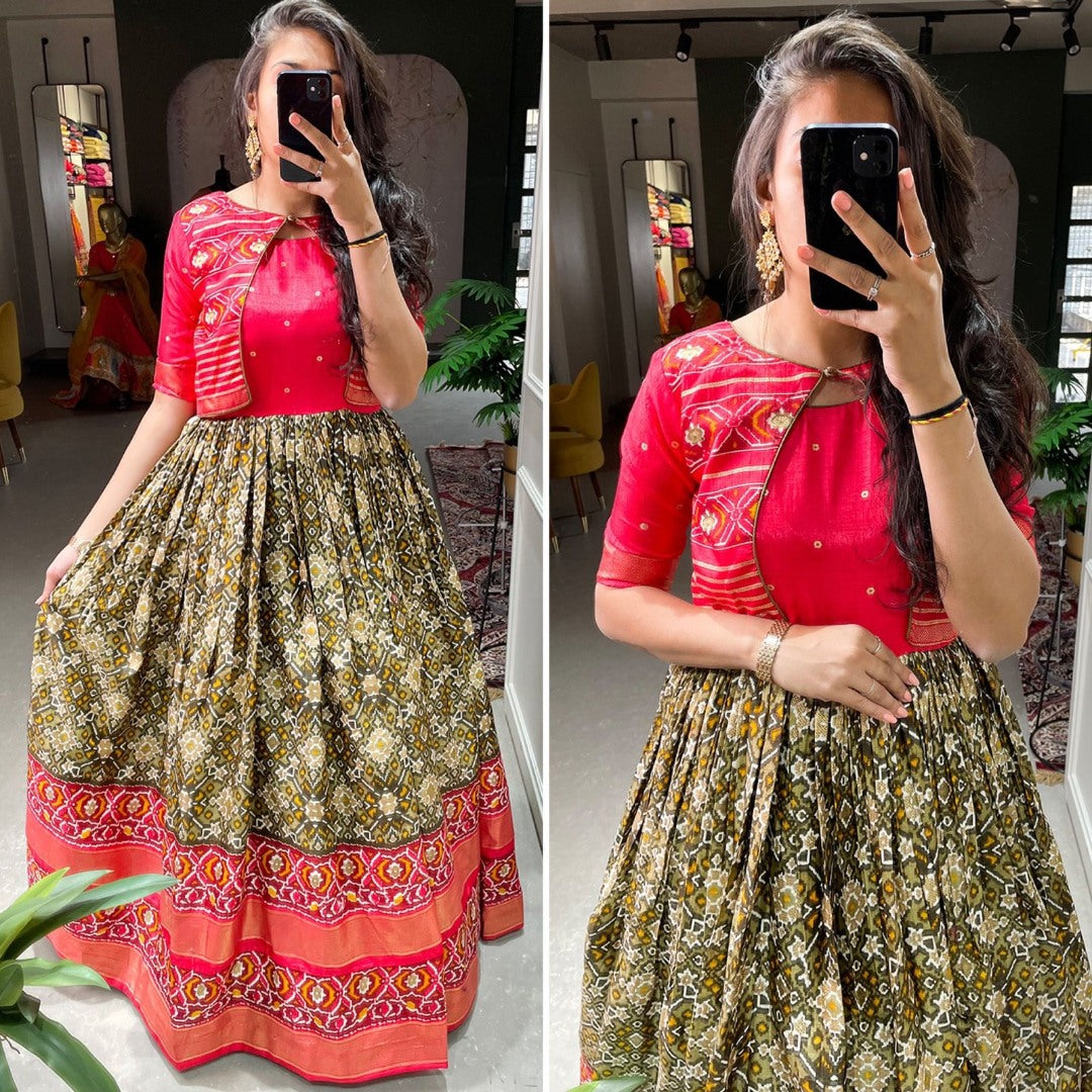 Mehndi green dola silk print and foil work gown