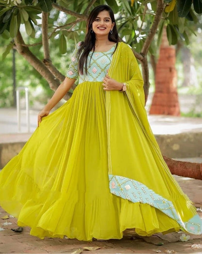 Mehndi green georgette embroidered long anarkali suit