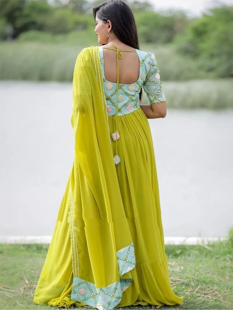 Mehndi green georgette embroidered long anarkali suit