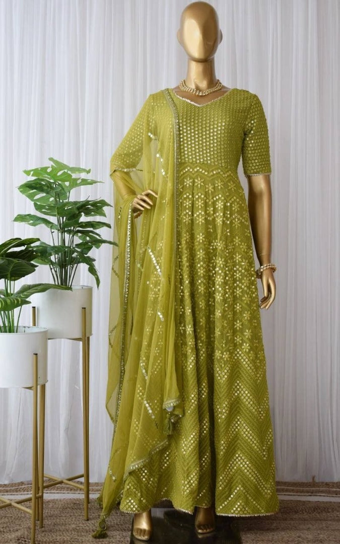 Mehndi green georgette heavy embroidered gown