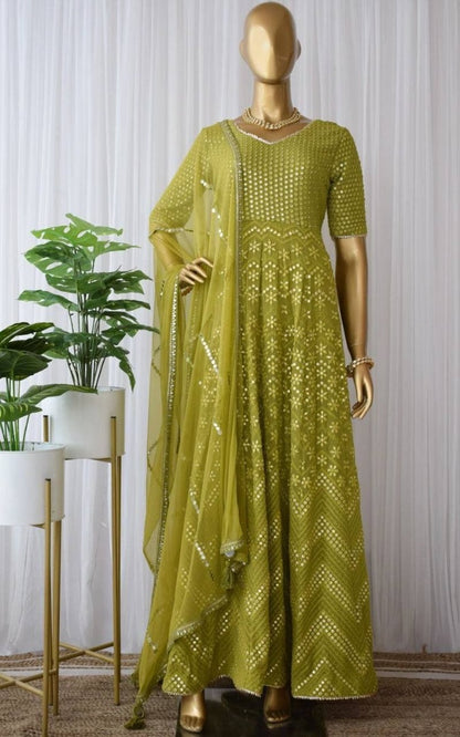 Mehndi green georgette heavy embroidered gown