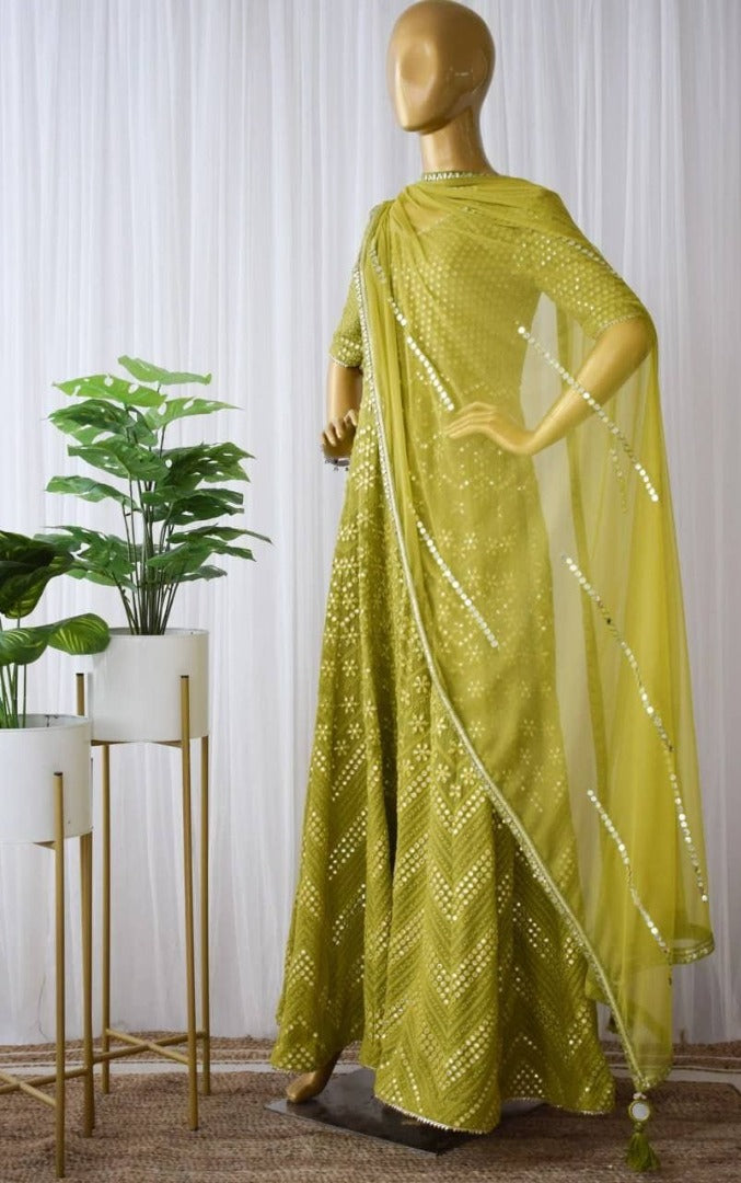 Mehndi green georgette heavy embroidered gown