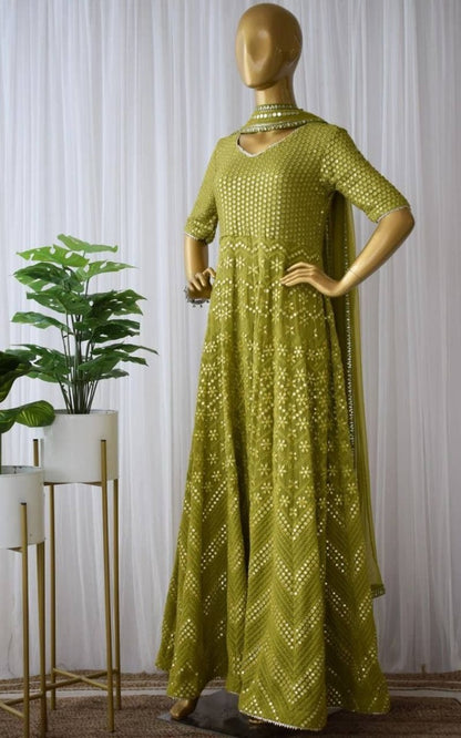 Mehndi green georgette heavy embroidered gown