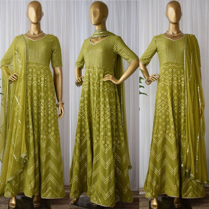 Mehndi green georgette heavy embroidered gown