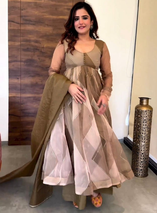 Mehndi green organza silk print and ribbon work anarkali suit