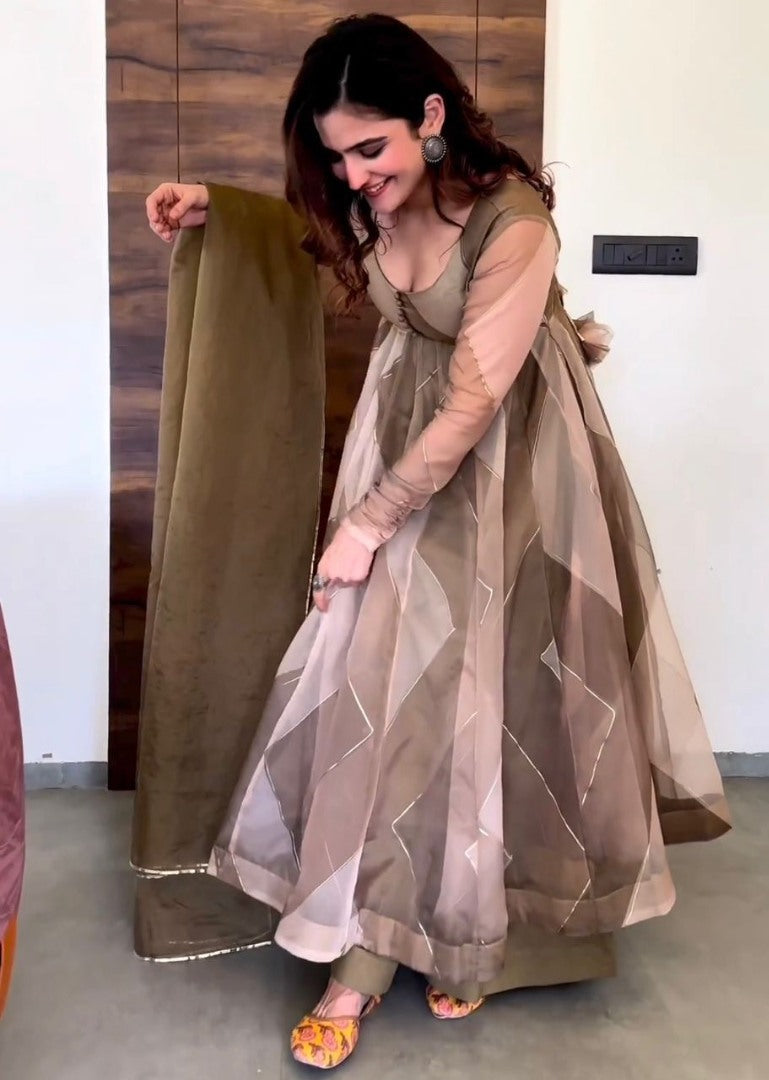 Mehndi green organza silk print and ribbon work anarkali suit