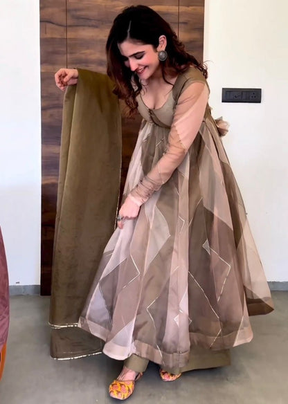 Mehndi green organza silk print and ribbon work anarkali suit