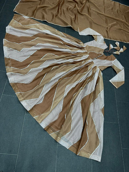 Mehndi green organza silk print and ribbon work anarkali suit