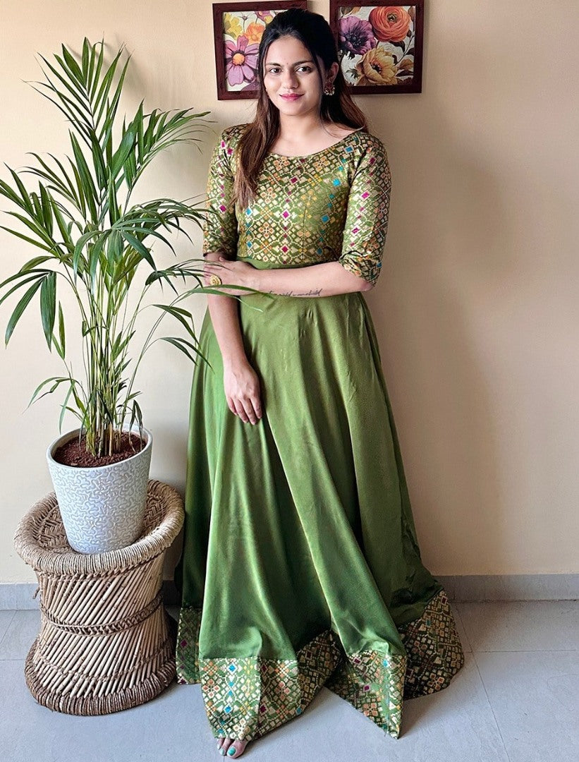 Mehndi green rangoli weaving work gown