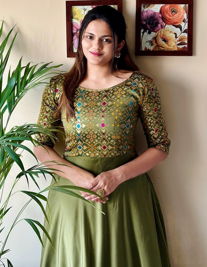 Mehndi green rangoli weaving work gown
