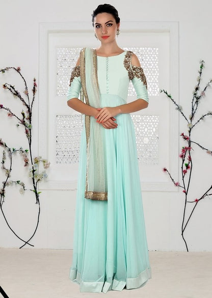 Mint georgette anarkali suit with fancy cut shoulder