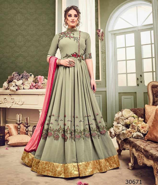 Mint Green Colored Georgette Resham & Jari Embroidery With Stone Work Semi Stitched anarkali suit