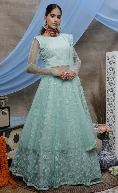 Mint green santoon embroidered party wear lehenga gown