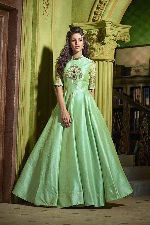 Mint green thai silk handworked wedding wear gown