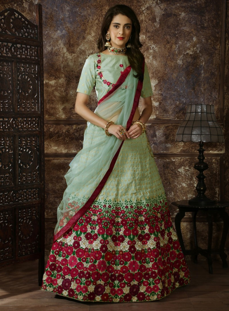 Mint Green thai silk heavy designer embroidered wedding lehenga choli