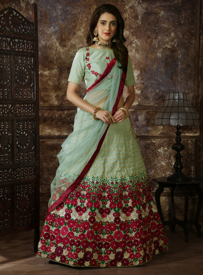 Mint Green thai silk heavy designer embroidered wedding lehenga choli