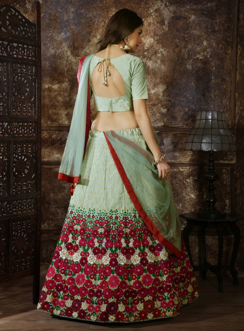 Mint Green thai silk heavy designer embroidered wedding lehenga choli
