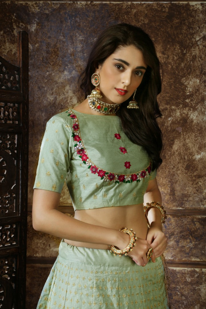 Mint Green thai silk heavy designer embroidered wedding lehenga choli