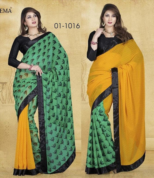 Mizzoli green and yellow printed Georgette Saree