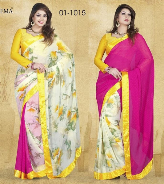 Mizzoli white and pink printed Georgette Saree