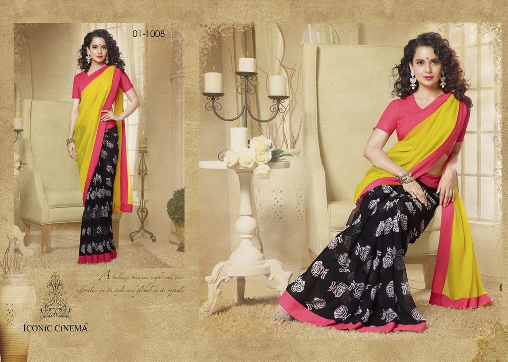 Mizzoli yellow and black printed Georgette Saree