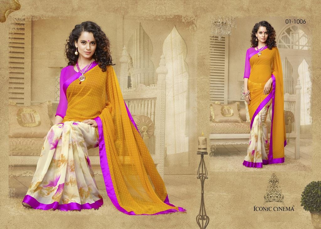 Mizzoli yellow and cream printed Georgette Saree