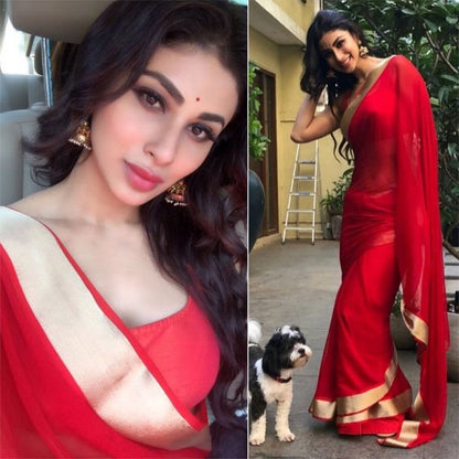 Mouni roy Red Georgette partywear saree