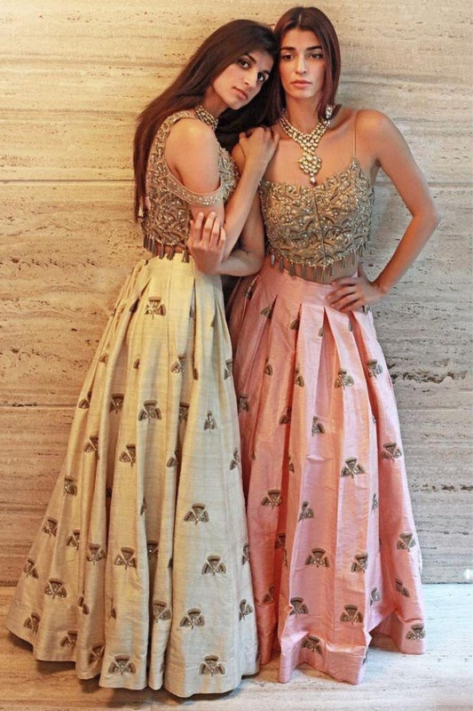 Mulbari silk multi dori worked crop top lehenga