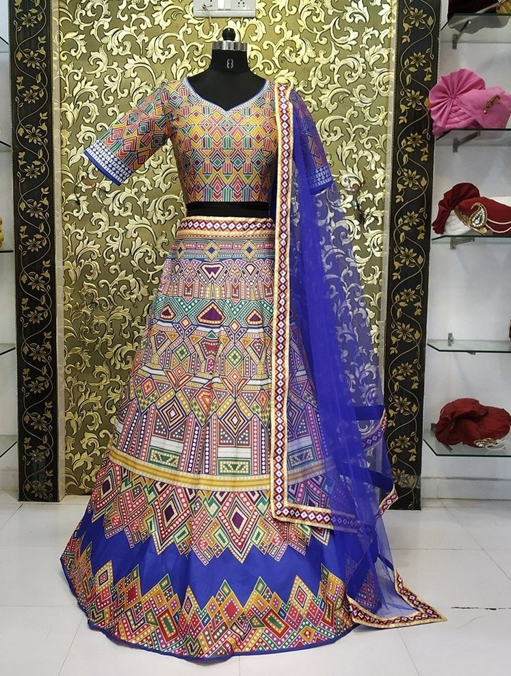 Multi color printed taffeta silk lehenga choli