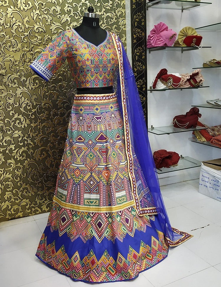 Multi color printed taffeta silk lehenga choli