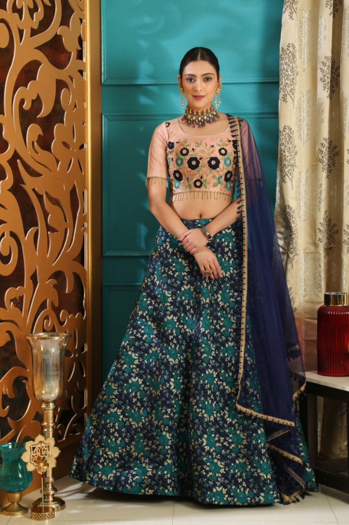 multi colored jacquard ceremonial lehenga choli