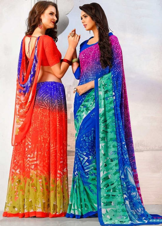 Multi Colored Lesar Georgette Digital Printed Saree