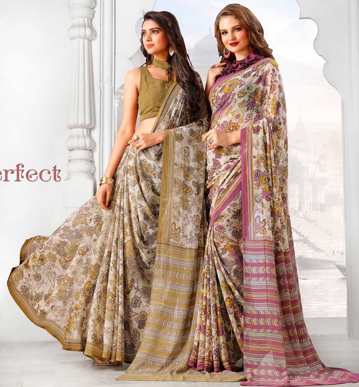 Multi Colored Lesar Georgette Floral Printed Saree