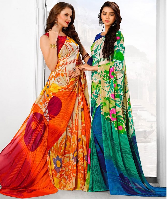 Multi Colored Lesar Georgette Floral Printed Saree