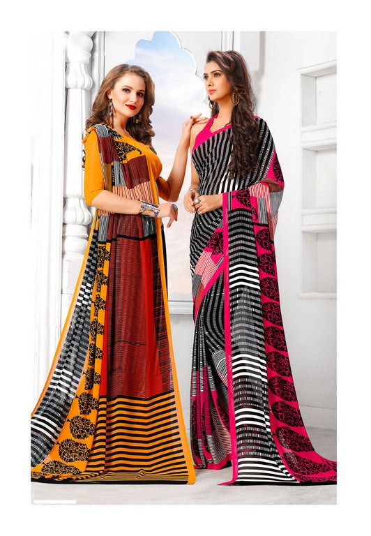 Multi Colored Lesar Georgette Stripes Printed Saree