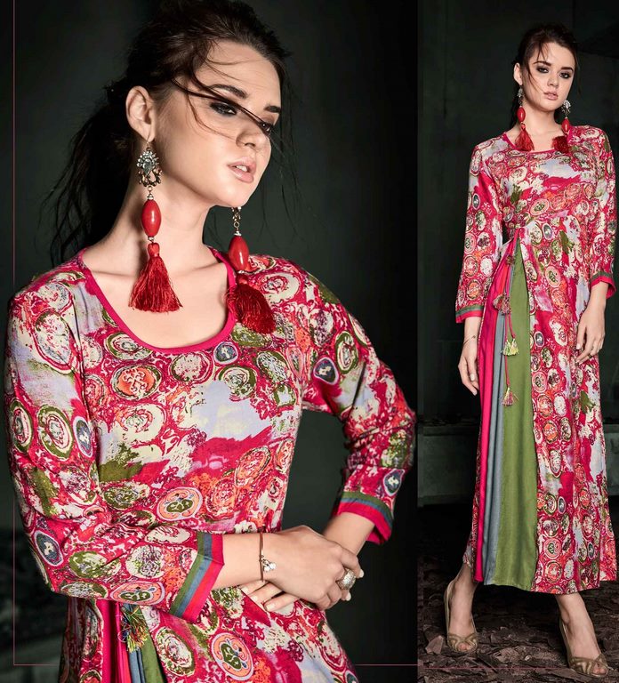 Multi Colored Rayon Abstract Printed Stitched Stylish Calf Length Kurti
