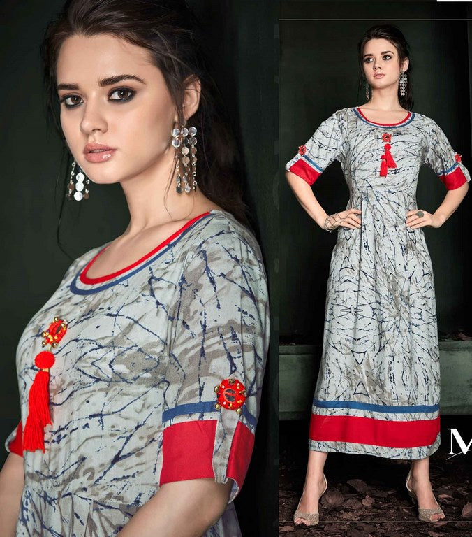 Multi Colored Rayon Abstract Printed with Tassels Work Half Sleeves Stitched Kurti