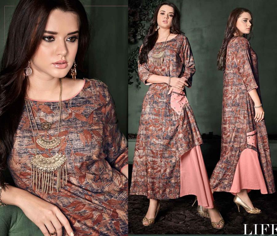Multi Colored Rayon Leaf Printed Poket Style Stitched Kurti