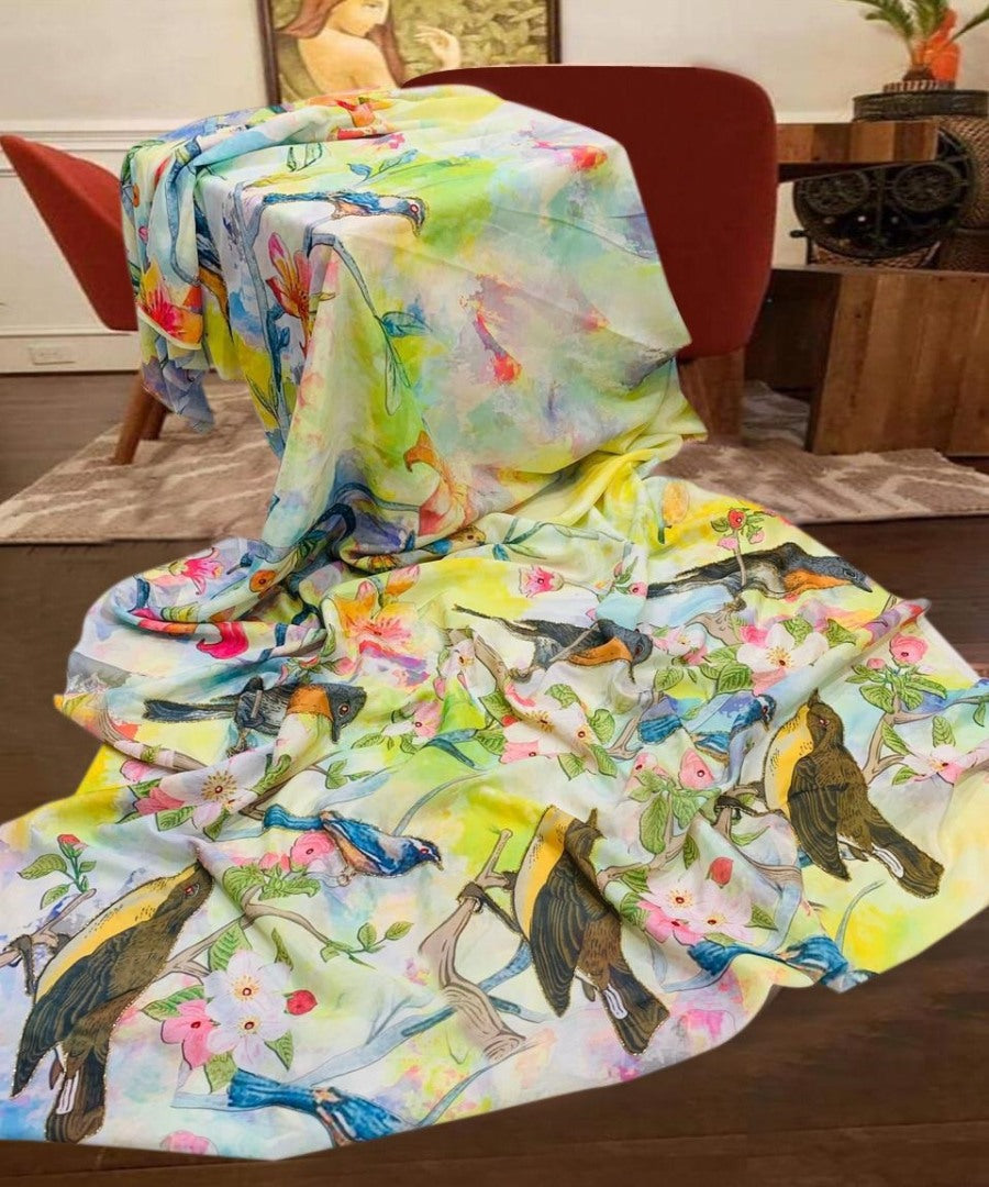 Multi colored soft silk sparrow printed designer saree