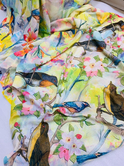 Multi colored soft silk sparrow printed designer saree