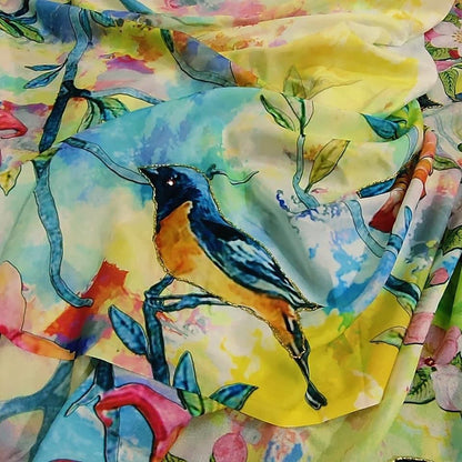 Multi colored soft silk sparrow printed designer saree