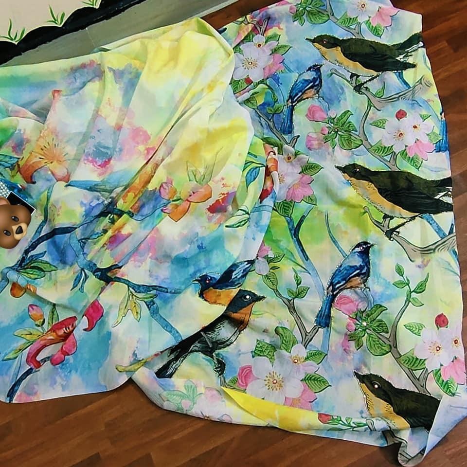 Multi colored soft silk sparrow printed designer saree