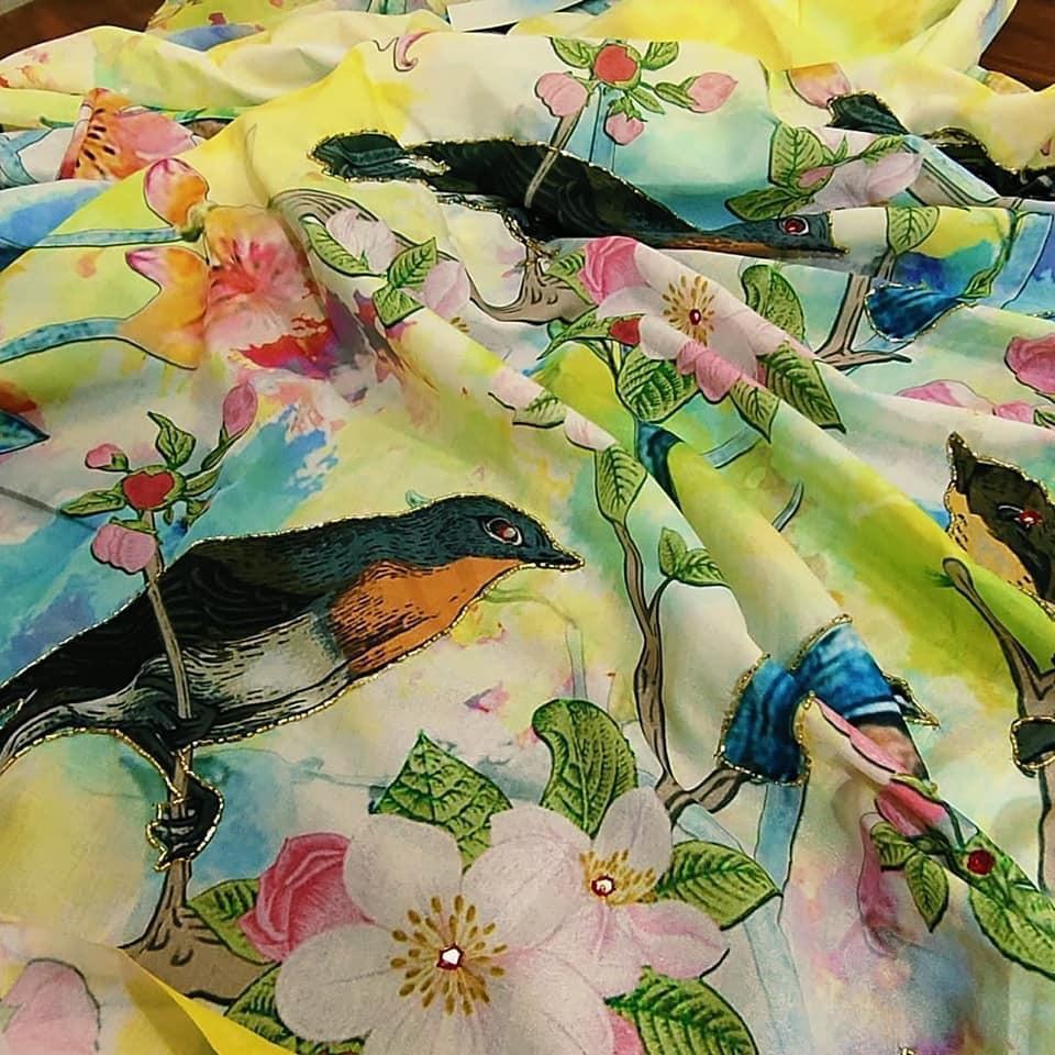 Multi colored soft silk sparrow printed designer saree