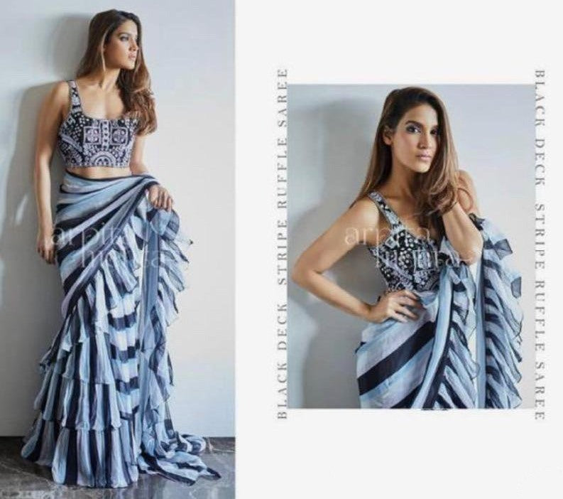 multi colored stip georgette partywear stylist ruffle saree